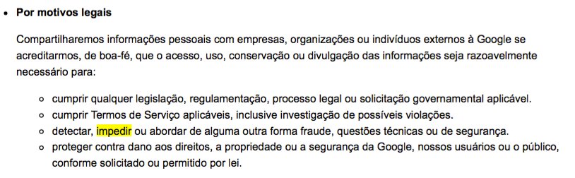 Trecho dos termos de uso do Google mencionando a palavra impedir